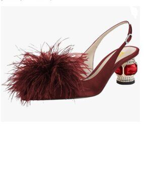 FSJ Wine Red Fur Fur Closed Toe Slingback Crystal Block Low Heel Fuzzy Pumps